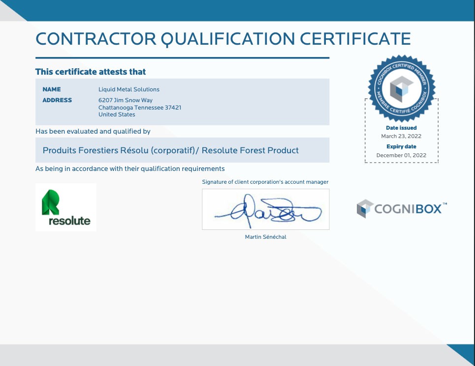 Contractor Qualification Scanned Certificate